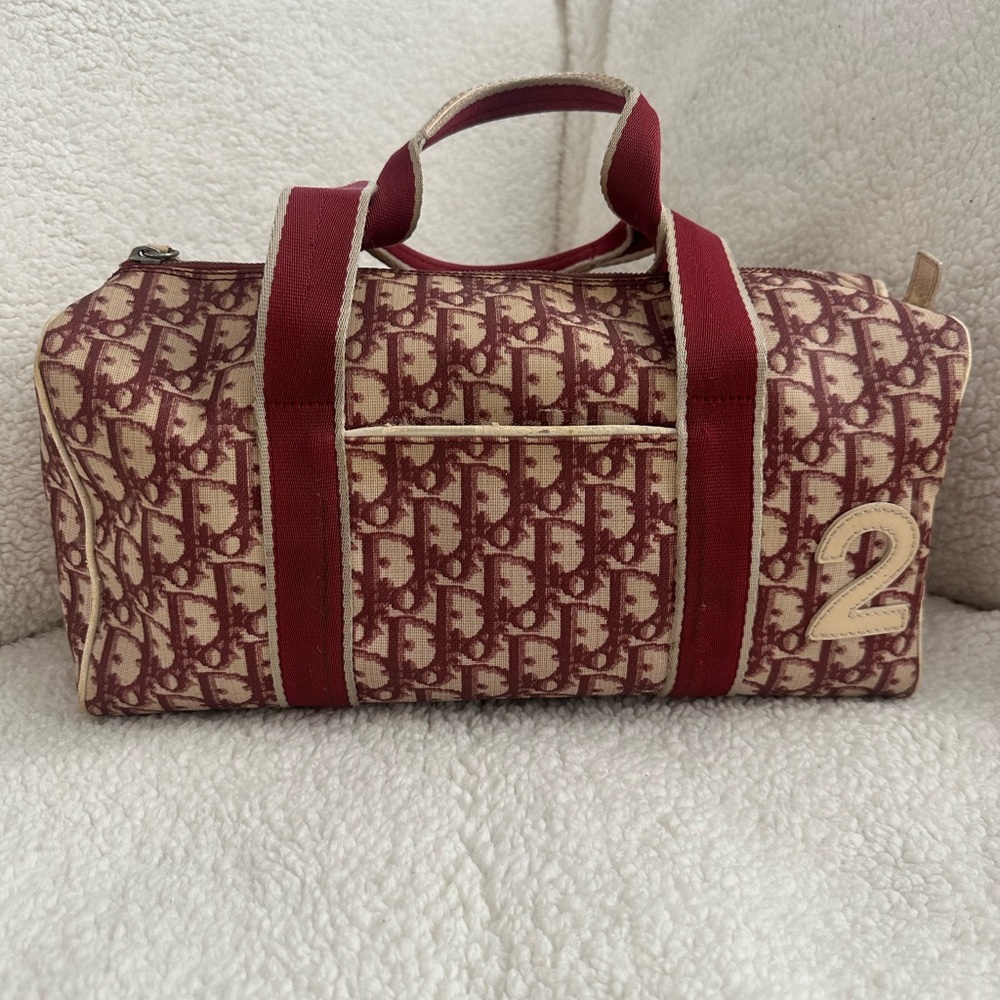 Dior Canvas Travel Barrel Bag in Burgundy and Cream